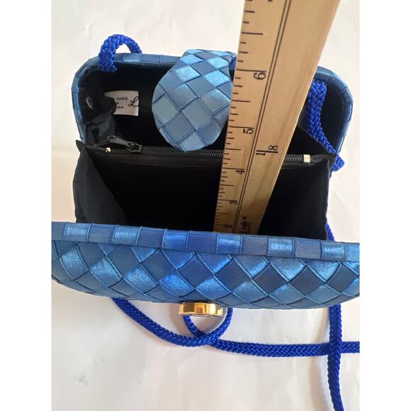 REGALE SMALL BLUE SATIN INTRECCIATO CLUTCH CROSSBODY PURSE WITH CORD STRAP - Picture 13 of 13